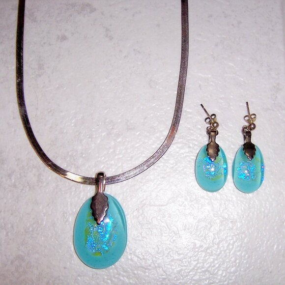 Dichroic Glass Turquoise Pendant and Earrings Set Sterling Silver - Picture 1 of 2